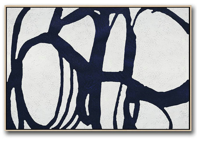 Canvas Artwork For Sale,Horizontal Abstract Painting Navy Blue Minimalist Painting On Canvas,Large Wall Art Canvas
